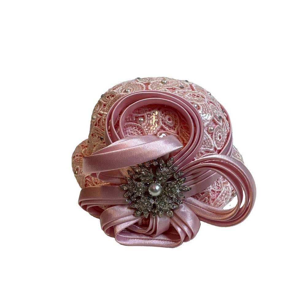 VTG Ms Divine Hat Womens Pink Floral Rhinestones Lace Bow Derby Church Wedding
